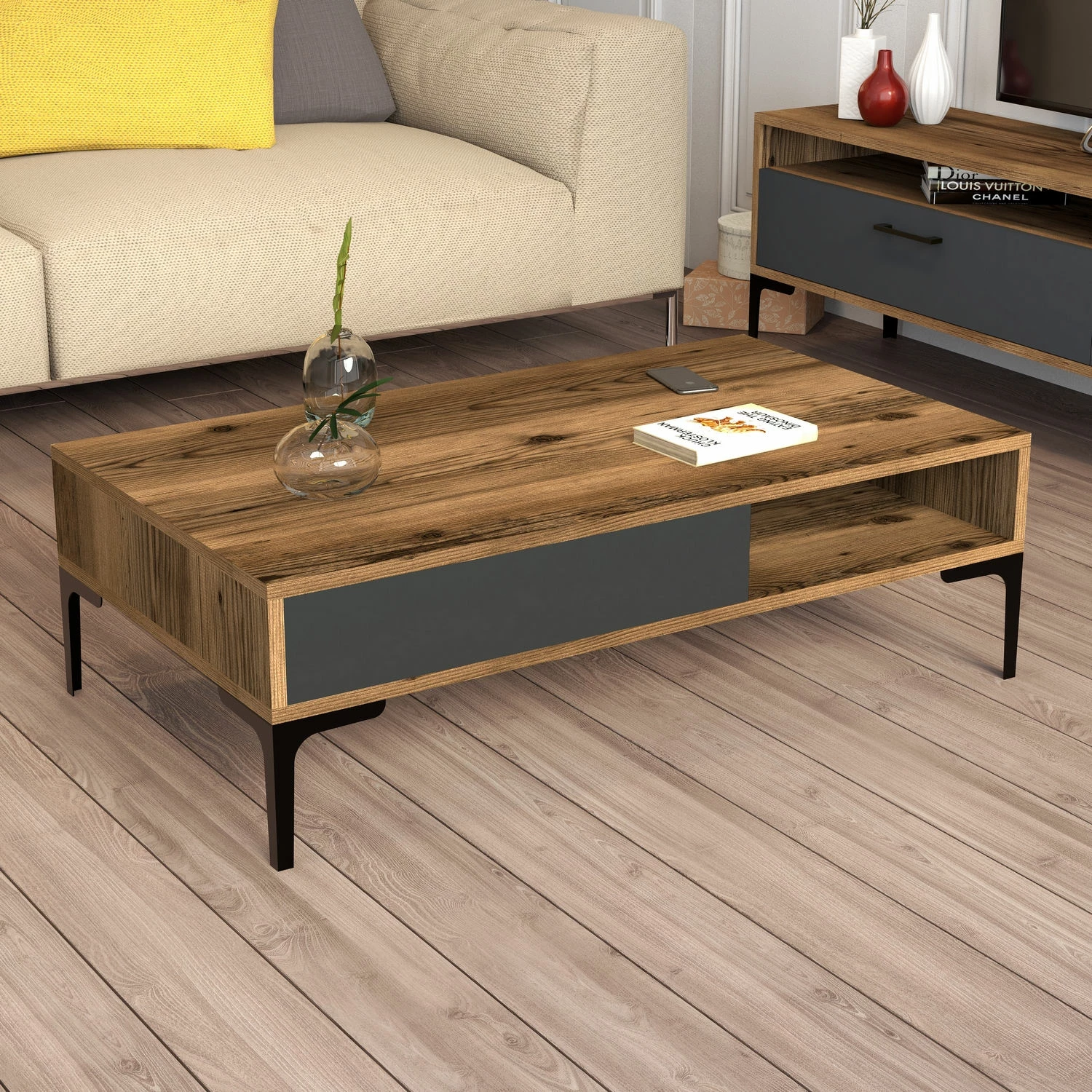 Set mobiljesh për dhomë dite Hanah Home, Istanbul, ngjyrë arre dhe antracit