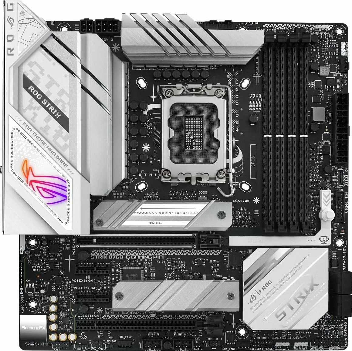 Pllakë amë Asus ROG STRIX B760-G GAMING WIFI, mATX, DDR5, Wi‑Fi 6, Bluetooth, bardhë/zi