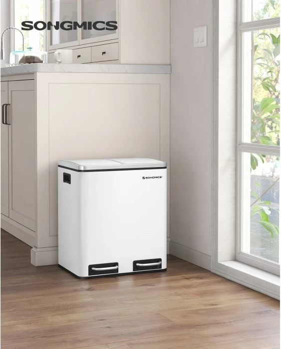 Kosh plehrash kuzhine SONGMICS LTB30WTA, 2 x 15 L, 2 ndarje, me pedal, soft-close, i bardhë