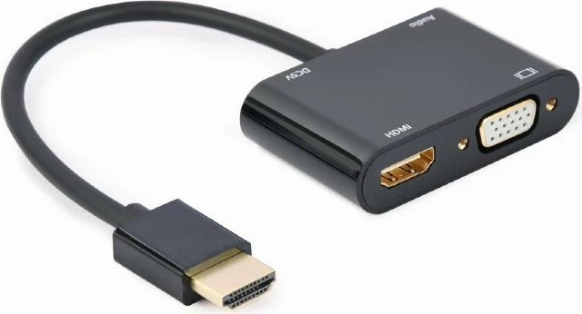 Adapter Gembird A-HDMIM-HDMIFVGAF-01, HDMI mashkull në HDMI femër + VGA femër, me audio dhe port energjie, 15 cm, Zi
