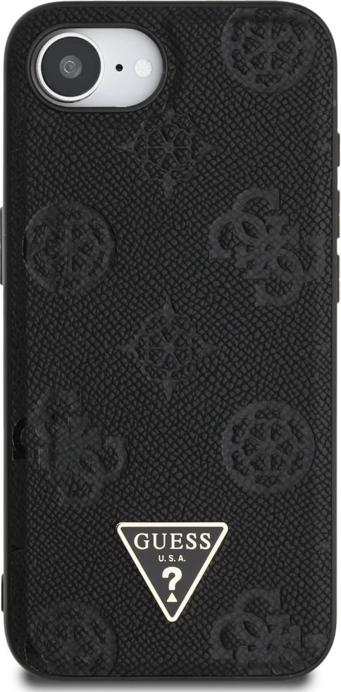 Mbështjellës Guess Grained Hot Stamp Peony Triangle Logo MagSafe për iPhone 16e, i zi