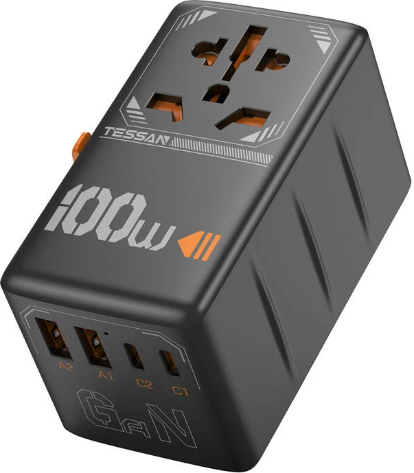 Adapter udhëtimi Tessan TS-WTA04, universal, 100W, 4x USB, i zi