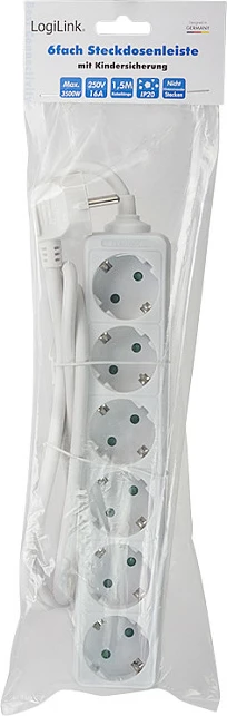 Zgjatues rryme LogiLink LPS238, 6 priza, 1.5 m, me switch, 3500 W, e bardhë
