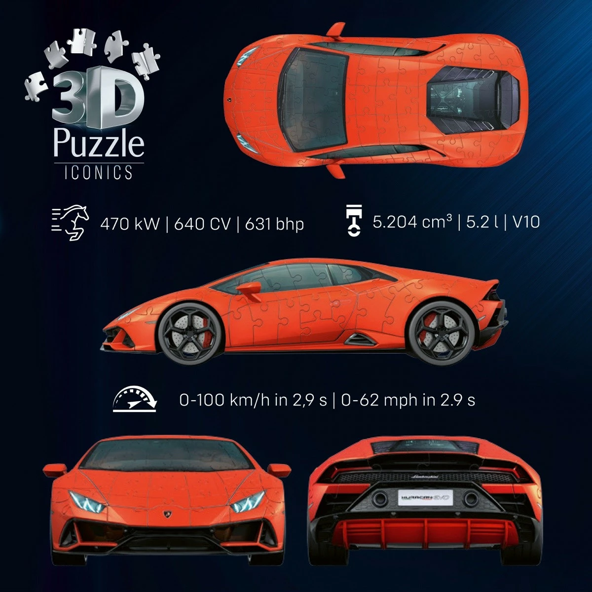 Puzzle 3D Lamborghini Huracan EVO Ravensburger, 158 pjesë, portokalli