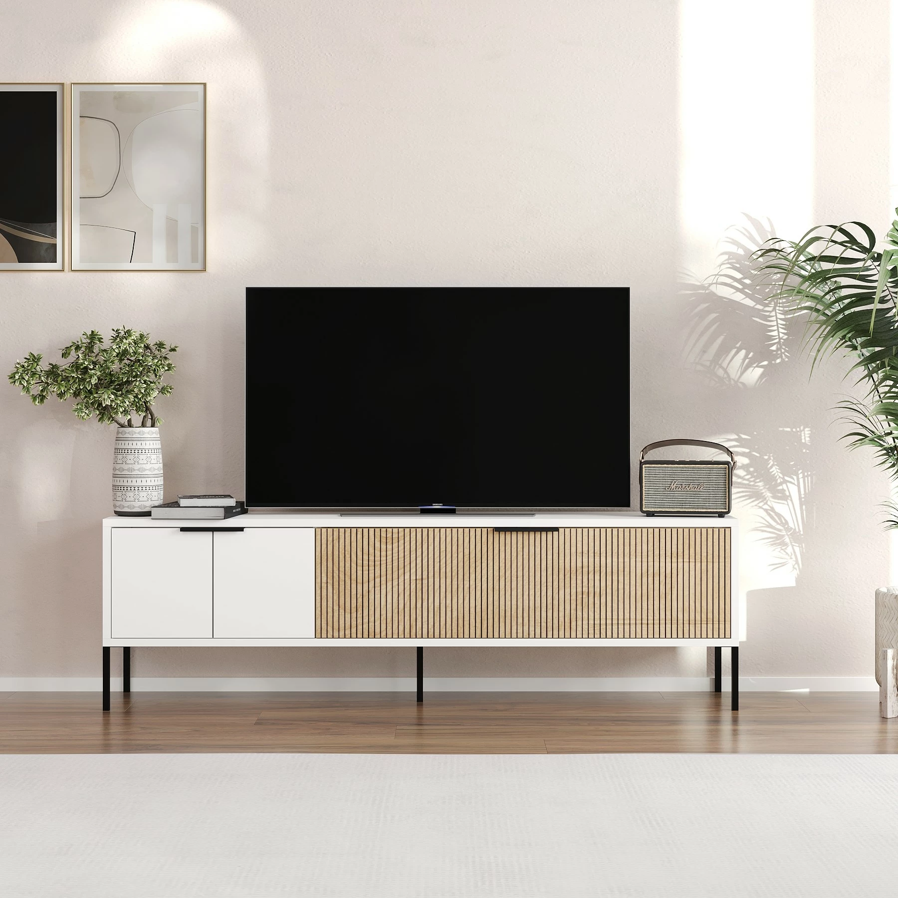 Komodë TV Skye Decor, ngjyrë e bardhë dhe ratan