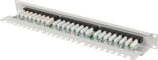 Patch panel LANBERG 24 porta 1U 19" kat.5E, ngjyrë gri me organizues kabllosh