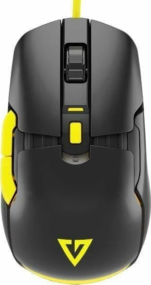 Maus gaming Modecom Volcano Jager M-MC-JAGER-100, 12000 DPI, RGB, optik PAW3327, 69 g, USB me kabll, zi me detaje të verdha, set me panele të ndërrueshme + switch-a të heshtur
