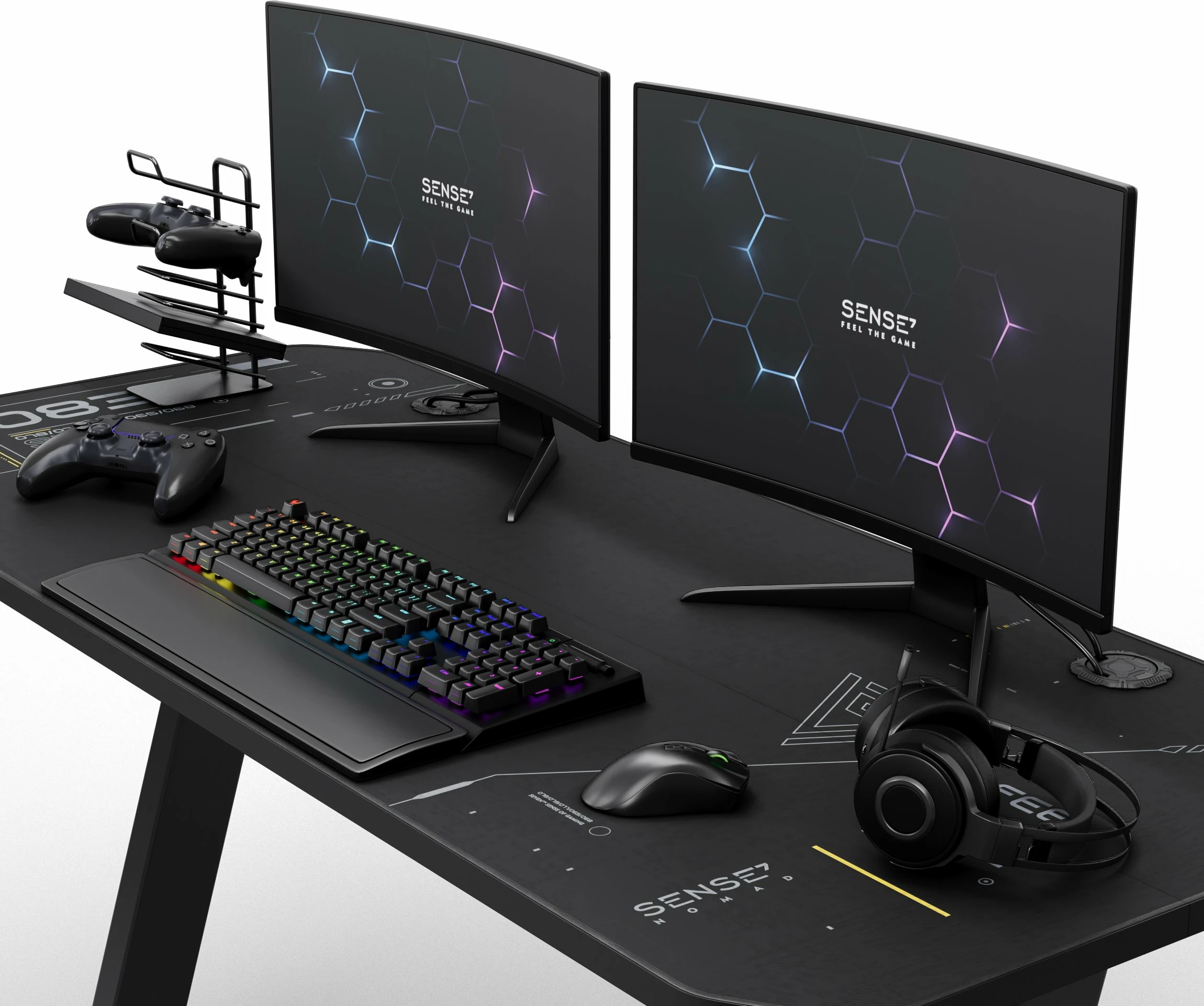 Tavolinë gaming SENSE7 Nomad Cybernetic 140x60 cm, me mauspad të plotë, e zezë, set me mbajtëse filxhani x2