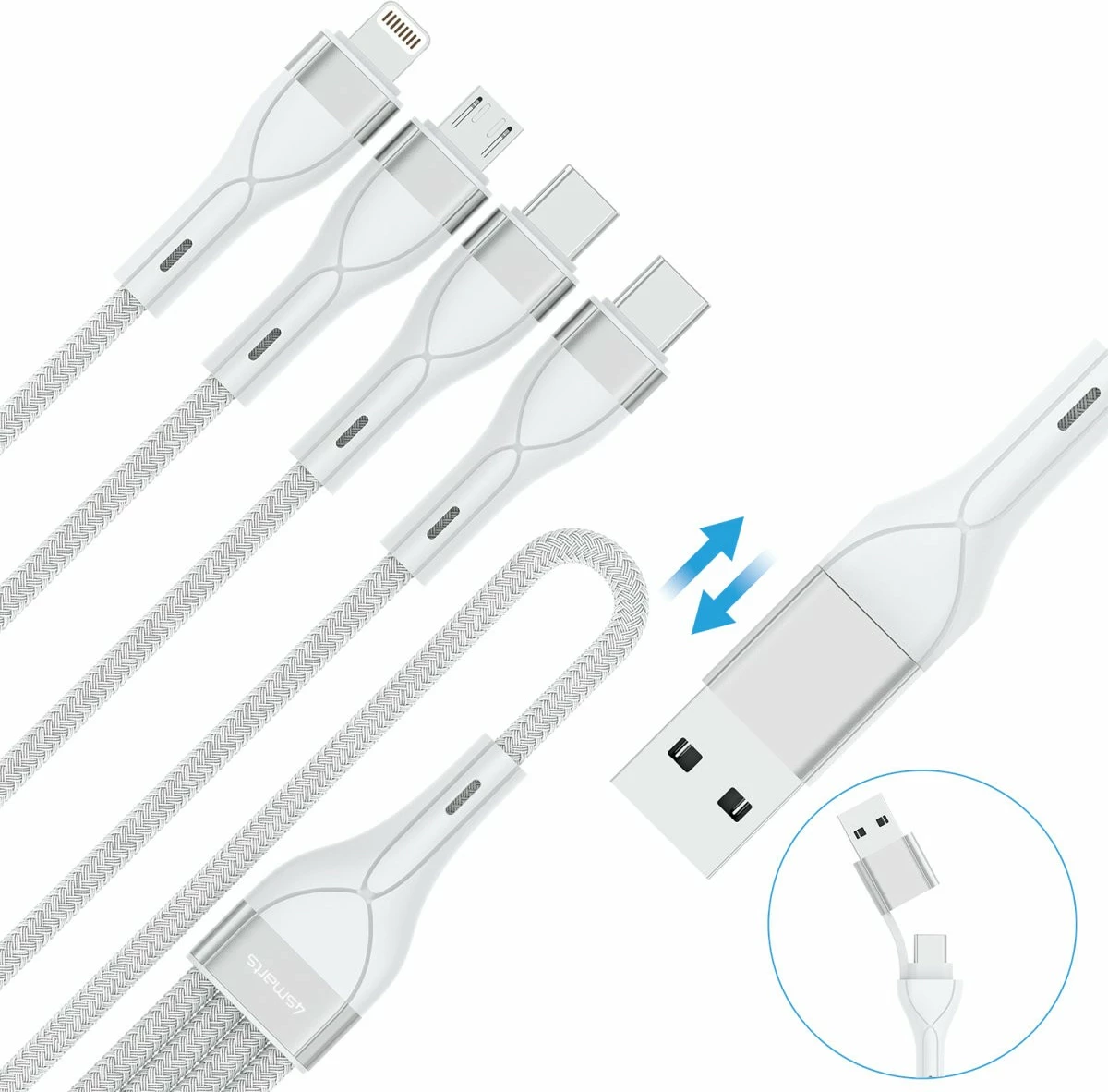 Kabllo multi-ladës 4smarts USB-C/A 4in2, 1.2m, e bardhë
