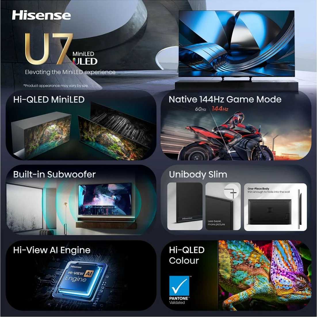 Smart TV Hisense 55U7SE, 55" 4K ULED MiniLED 144Hz, WiFi/Bluetooth, e zezë