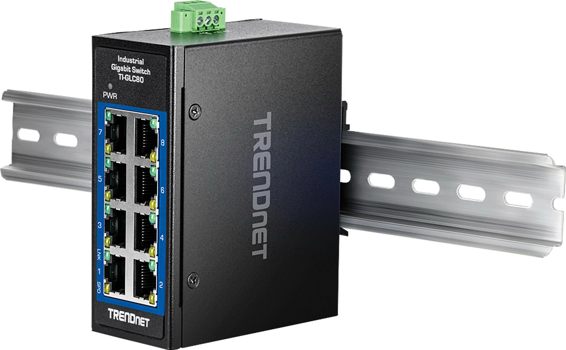 Switch industrial TRENDnet TI-GLC80, 8x Gigabit, Unmanaged, DIN-rail, IP30, DC 9.6-60V, i zi