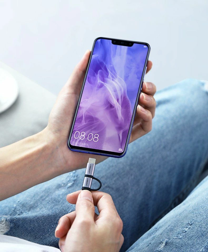 Kabllo USB Ugreen 30875 1 m, USB-A në microUSB + USB-C, 2.4A, e zezë