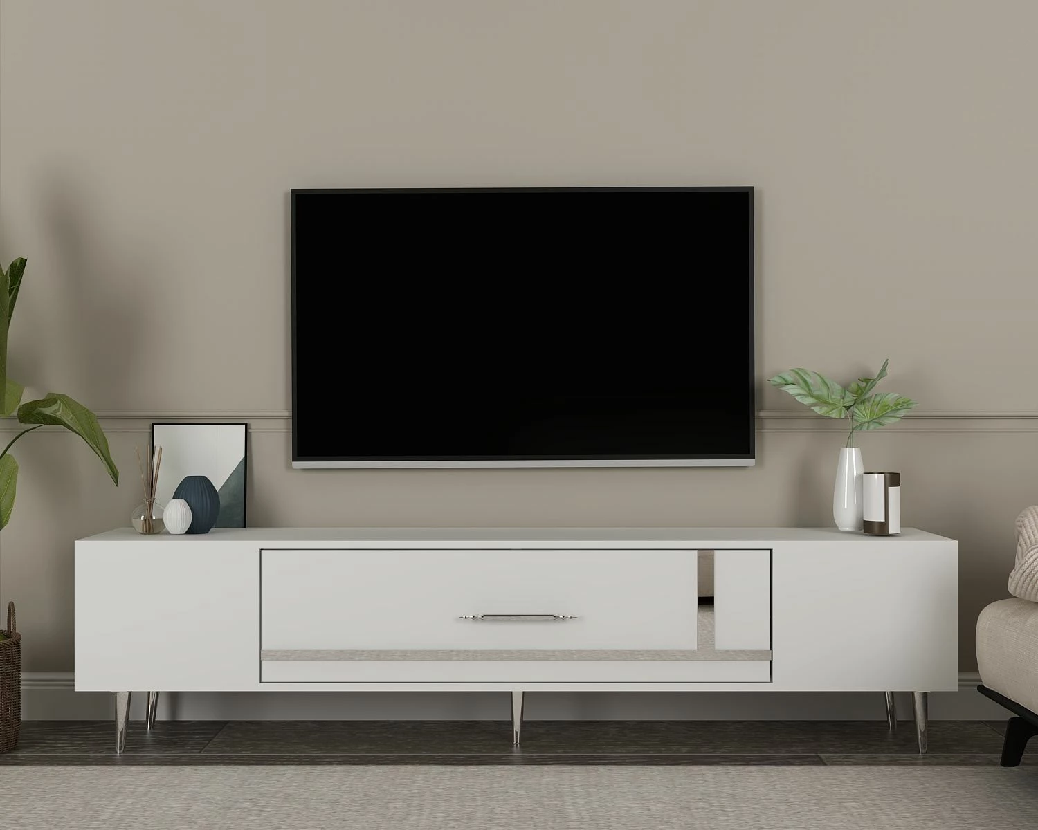 Komodë TV Skye Decor, e bardhë, argjendtë, Dekop1