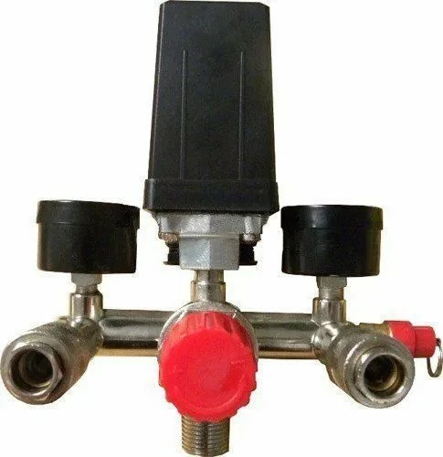 Ndërprerës presioni për kompresor Geko G80306 (135), 230V, rregullim 2-12 bar, me 2 manometra