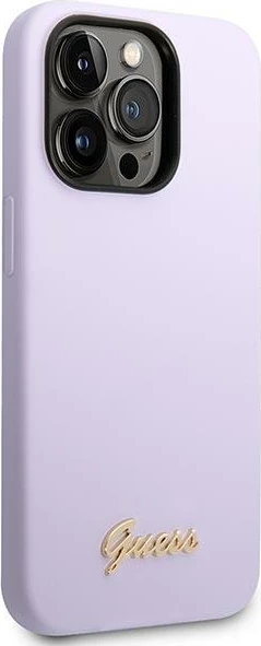 Mbështjellës Guess GUHCP14LSLSMU për iPhone 14 Pro 6.1", silikon, Vintage Gold Logo, vjollcë