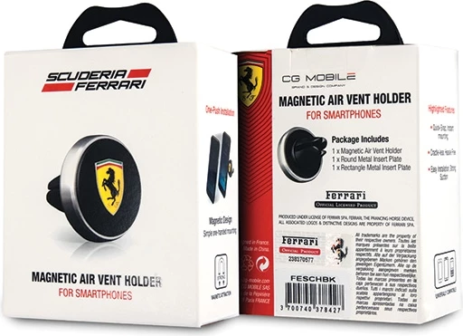 Mbajtës magnetik për celular Ferrari Scuderia FESCHBK, për grilë ventilimi 360°, me 2 pllaka magnetike, zi/argjend