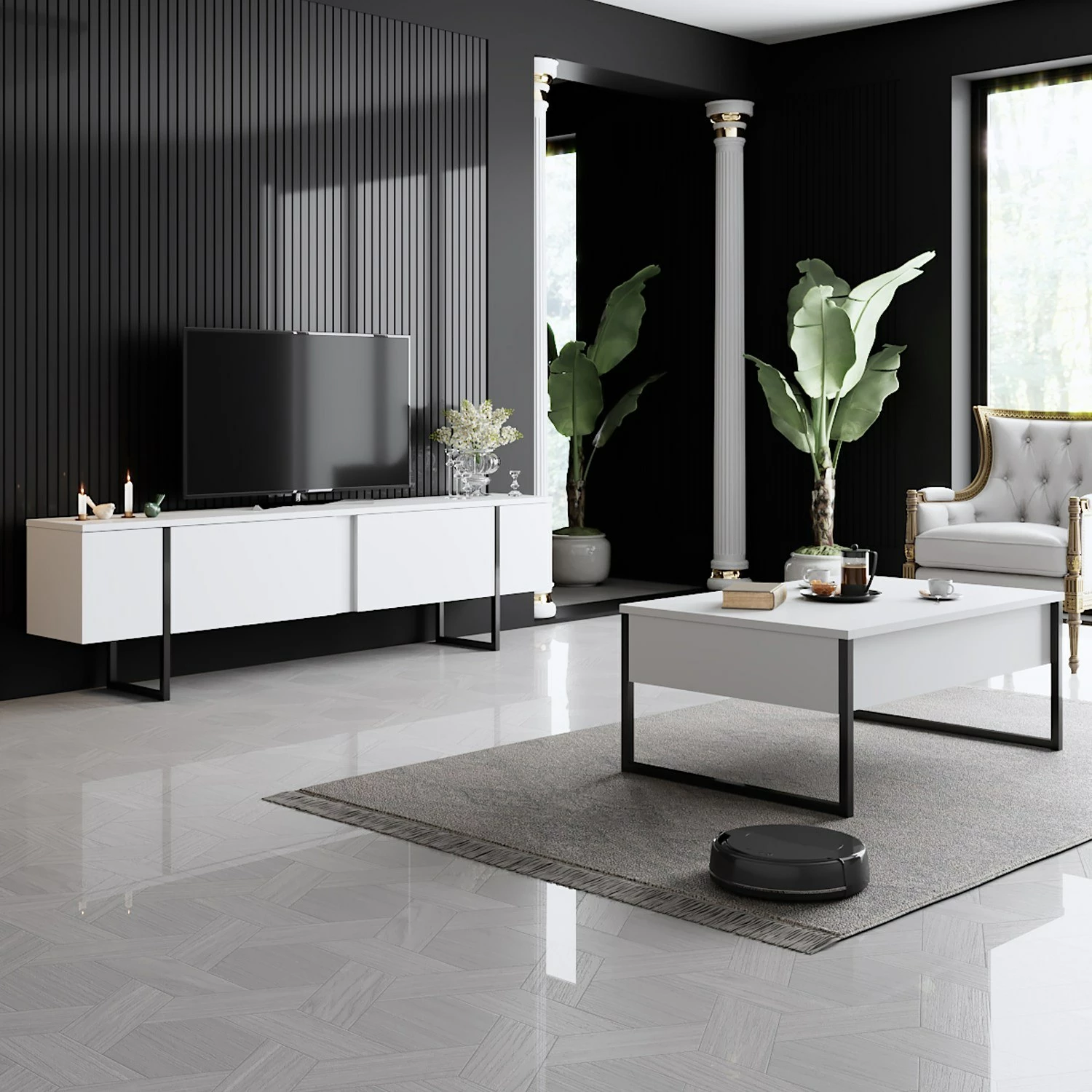 Set mobiljesh për dhomë dite, Luxe, e bardhë dhe e zezë