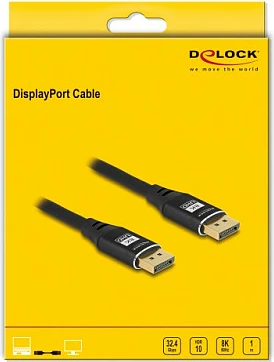 Kabllo DisplayPort DeLOCK DP 1.4, 8K 60Hz, 1m, konektor metalik, e zezë