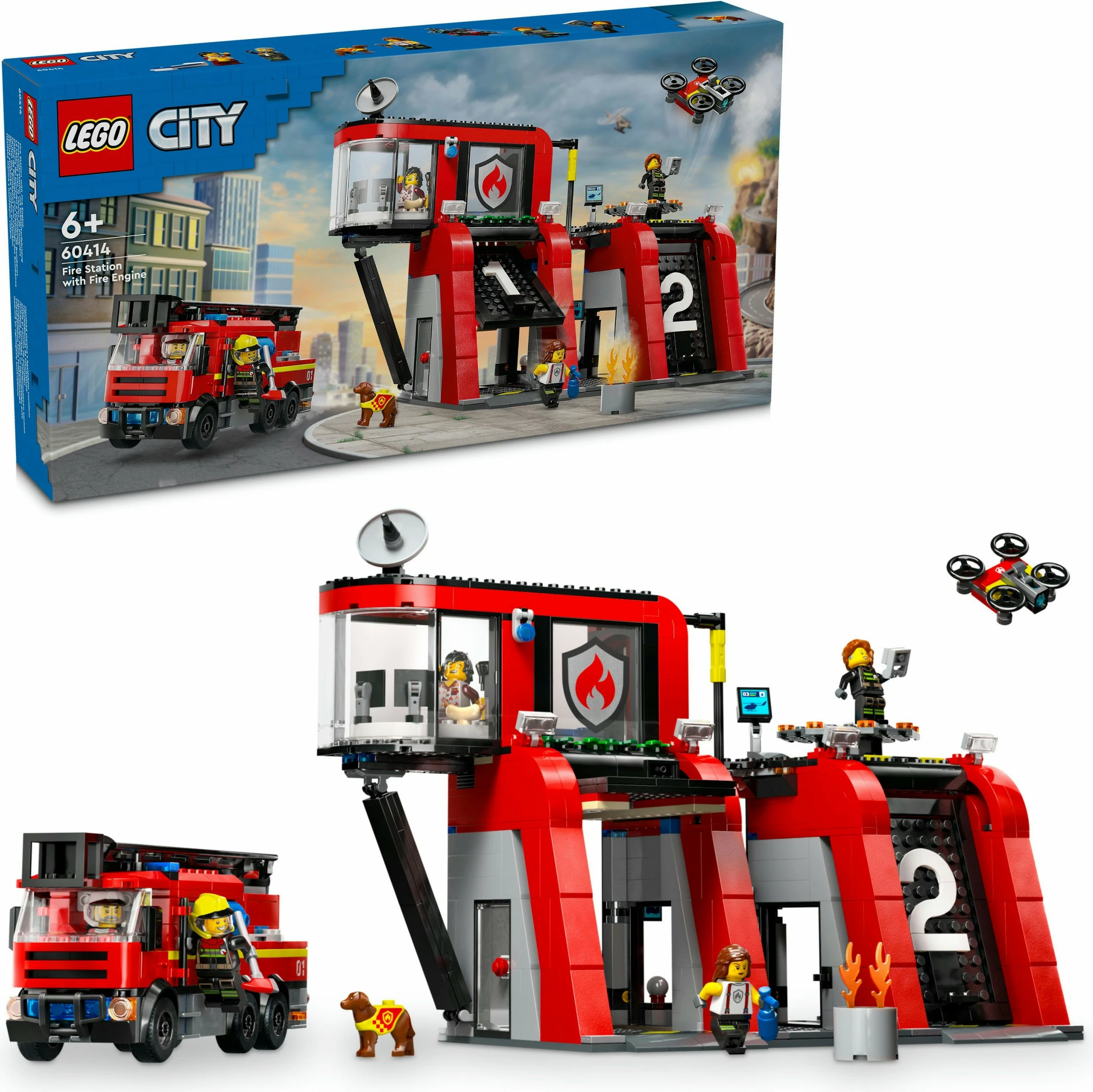 Set ndërtimi LEGO City 60414, stacion zjarri me kamion, 843 pjesë, shumëngjyrësh