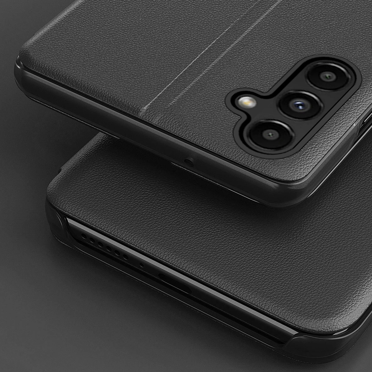 Mbështjellës Hurtel Eco Leather View Case për Samsung Galaxy A14, me kapak dhe qëndrim, i zi