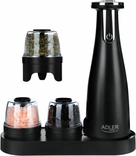 mulli elektrik kripë/piper Adler AD4449b, 3 grirës të ndërrueshëm, 150 ml, USB-C, mat i zi, set