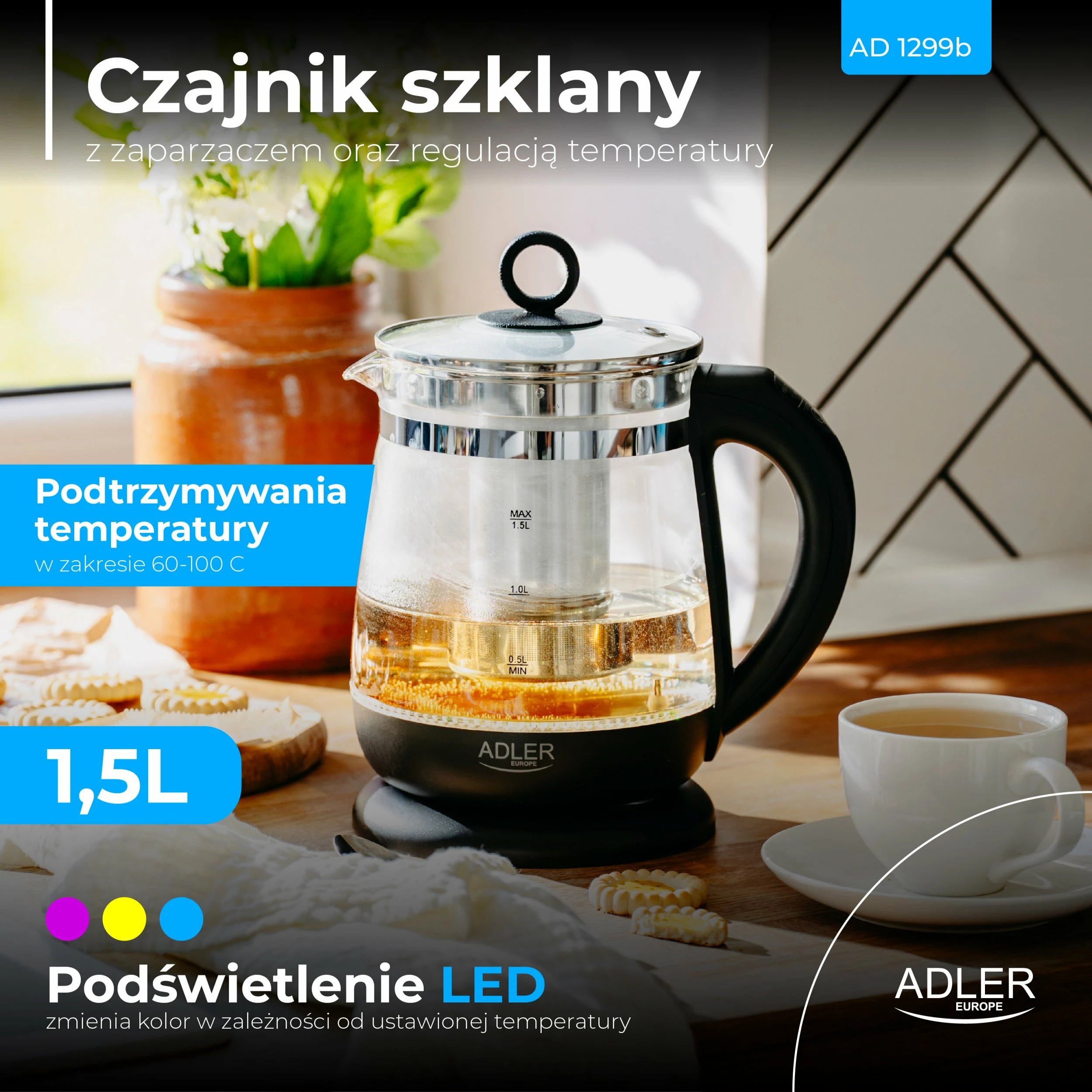 Çajnik elektrik Adler AD 1299 1.5L me kontroll temperature, qelq, infuzer, 2200W, i zi