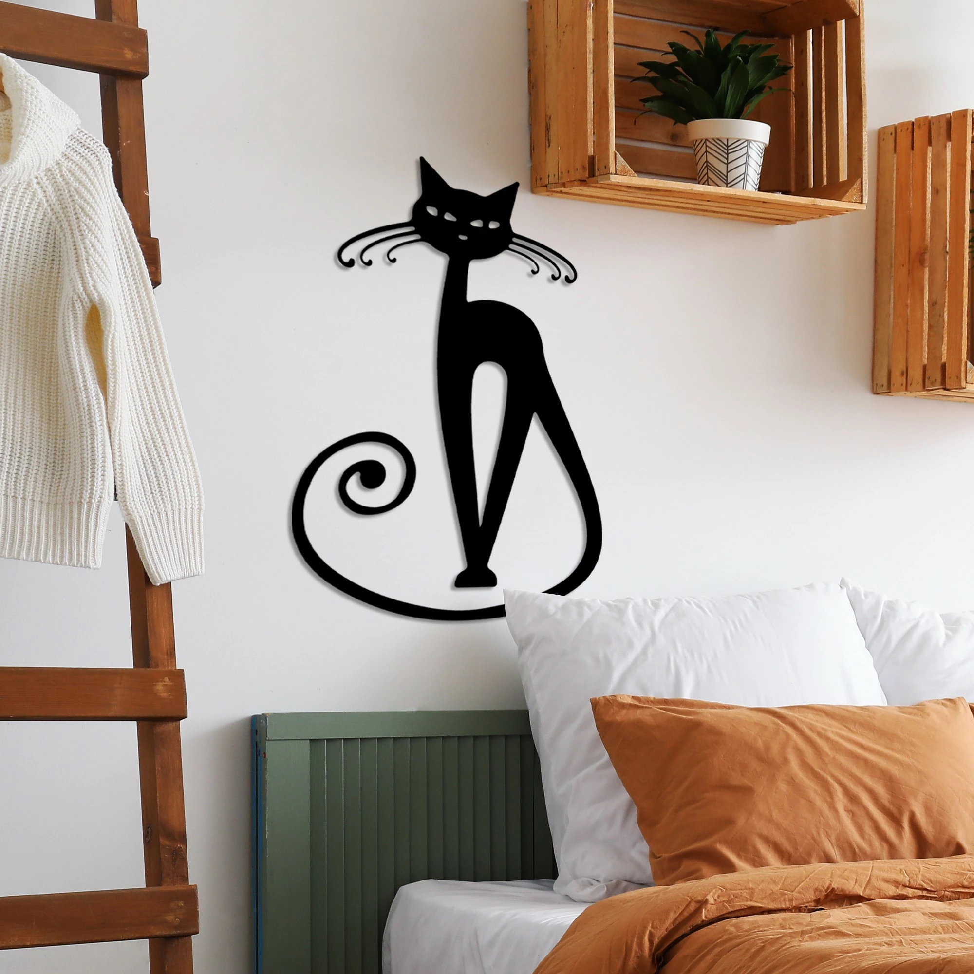 Aksesor dekorativ metalik për mur, mace, Wallity, Cat 6, ngjyrë e zezë, 37x60cm