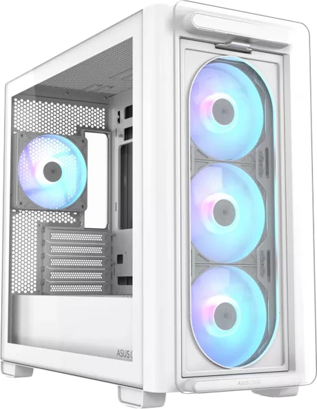 Kasë ASUS A23 PLUS microATX me xham të temperuar, 4 ventilatorë ARGB, mbështet radiator 360 mm dhe GPU 380 mm, e bardhë