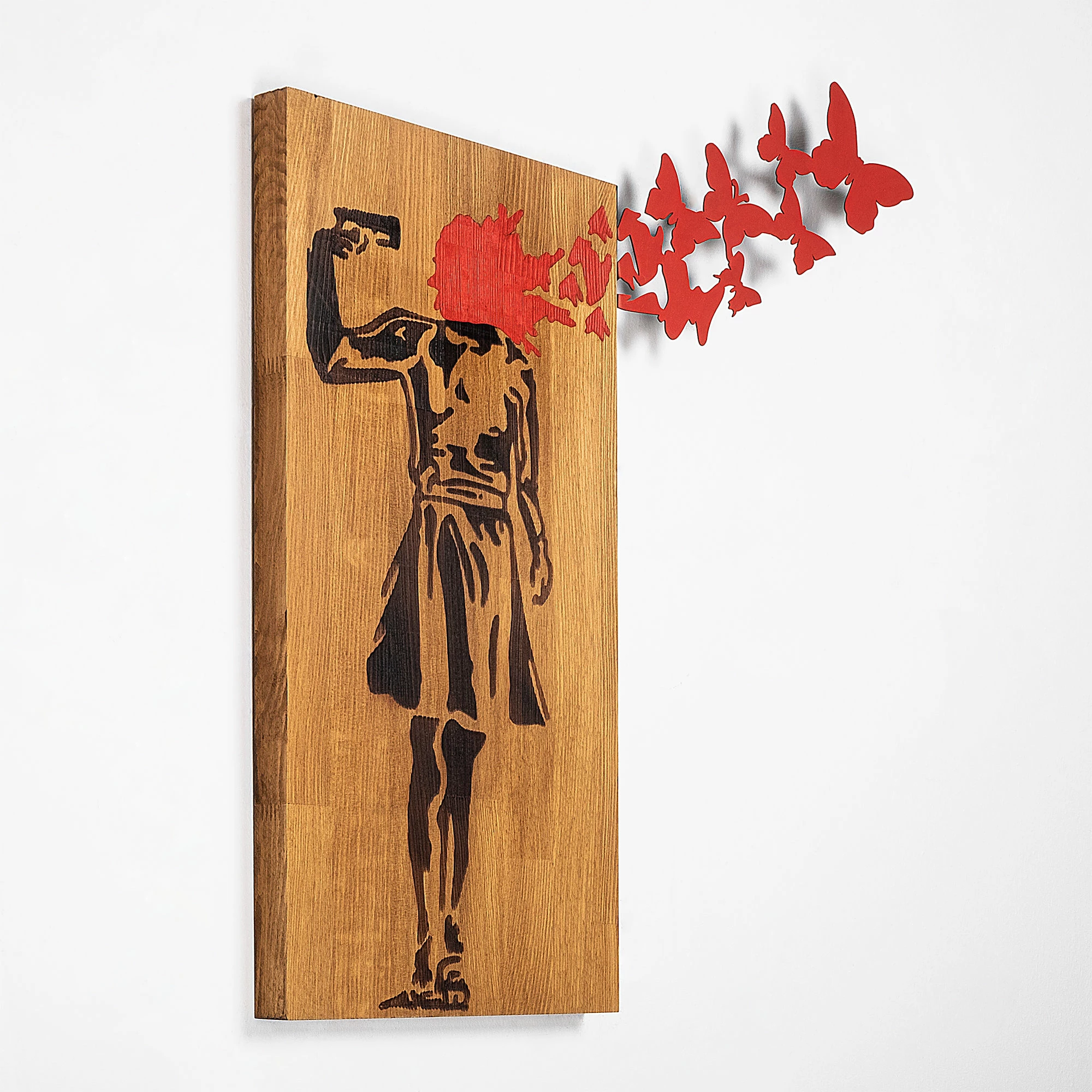 Aksesor dekorativ prej druri për mur, Wallity Banksy - 16, ngjyrë arre dhe e zezë, 99x34cm