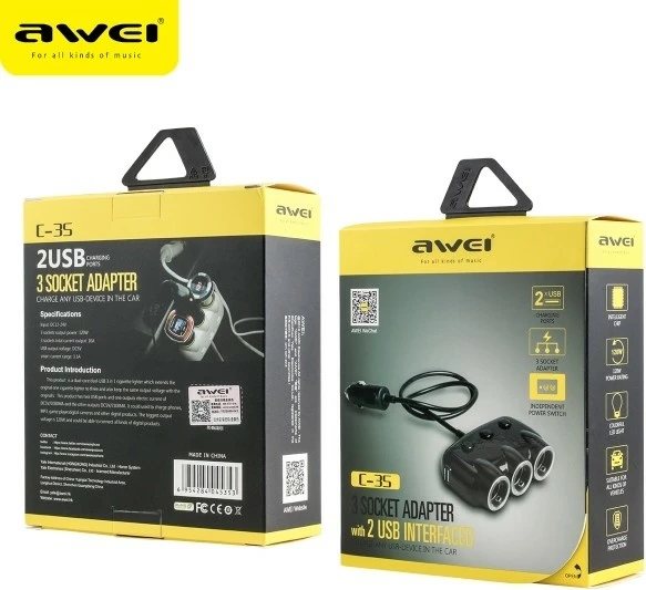 Ndarës çakmaku për makinë AWEI C-3S, 2xUSB, 3 dalje çakmaku, i zi