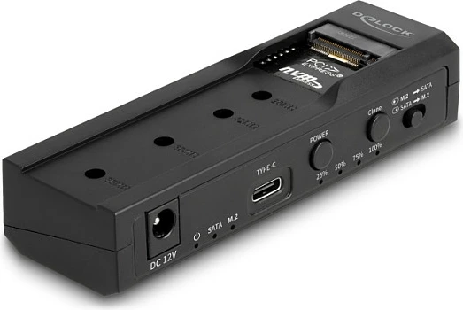 Konvertues USB-C DeLOCK për M.2 NVMe + SATA 2.5/3.5, funksion klonimi, i zi