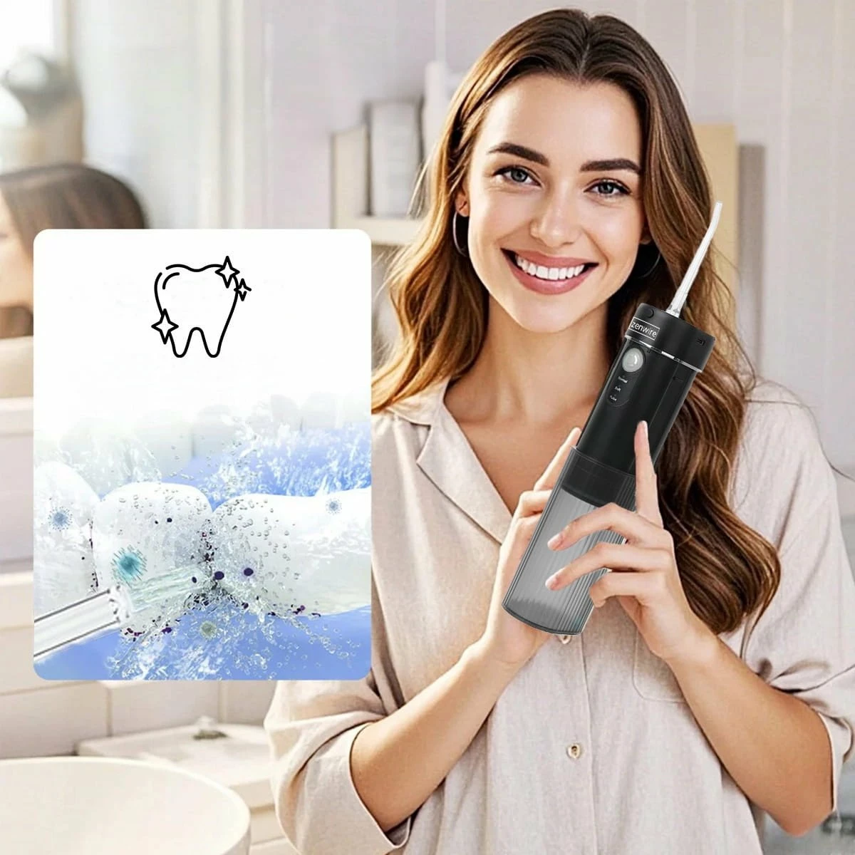 Irigator dentar portativ pa kabllo Zenwire WF309, 190 ml, 3 moda, IPX8, me 6 gryka, i zi