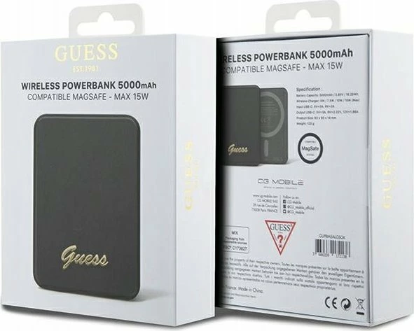 Powerbank Guess Metal Script Logo 5000mAh MagSafe 15W, i zi, set me kabllo USB-C 30cm