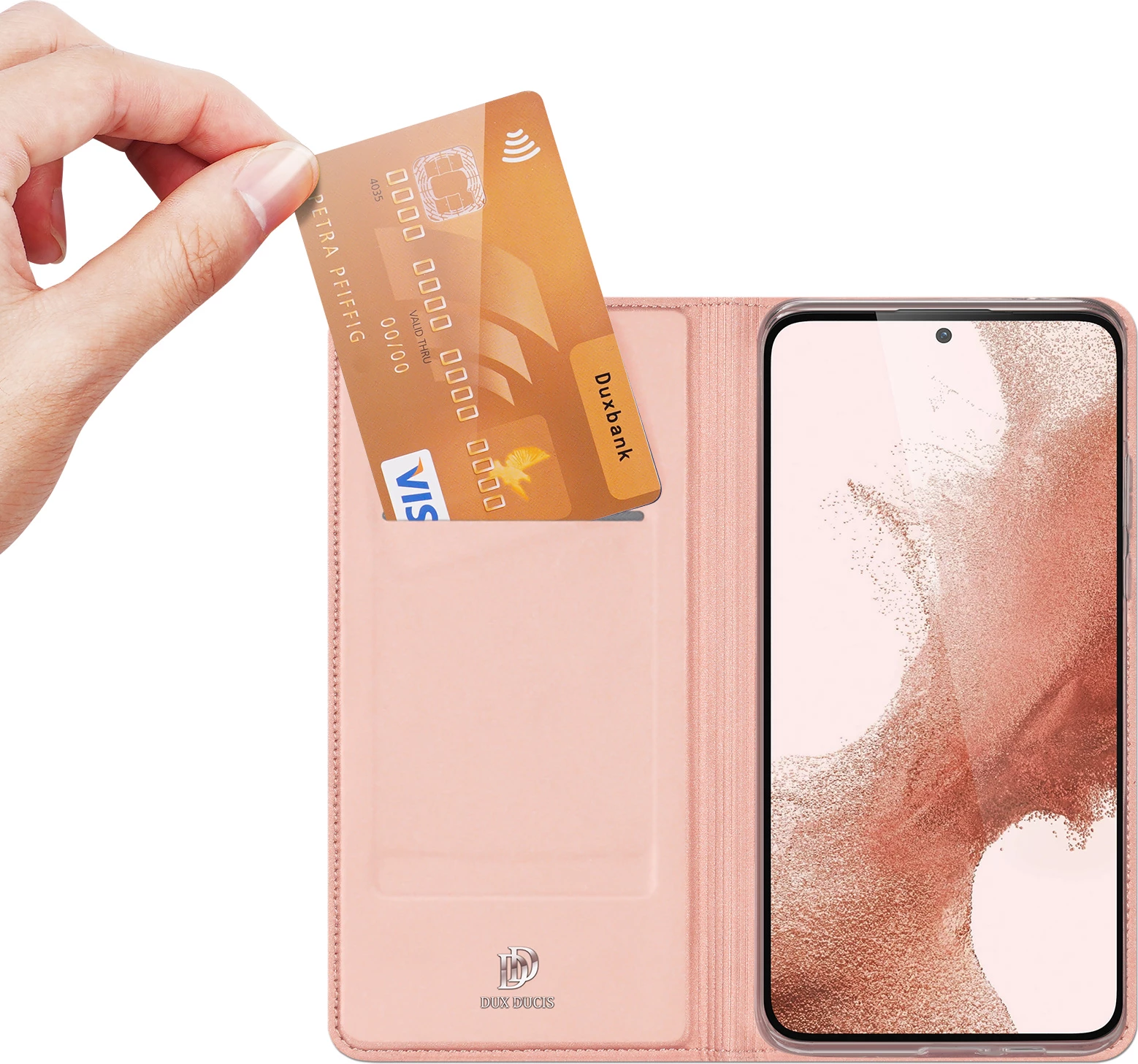 Mbështjellës Dux Ducis Skin Pro për Samsung Galaxy S23+, me xhep kartelash, funksion standi, rozë