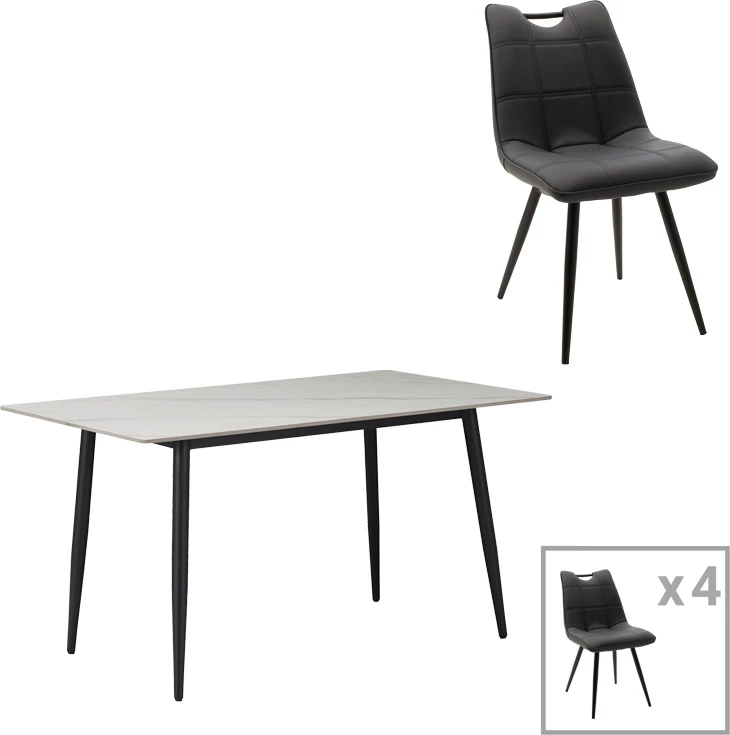 Set tavoline me karrige Gustas-Nely, gur i sinterizuar, lëkurë artificiale antracit, 5 copë, ngjyrë mermeri e bardhë, 120x60x75cm