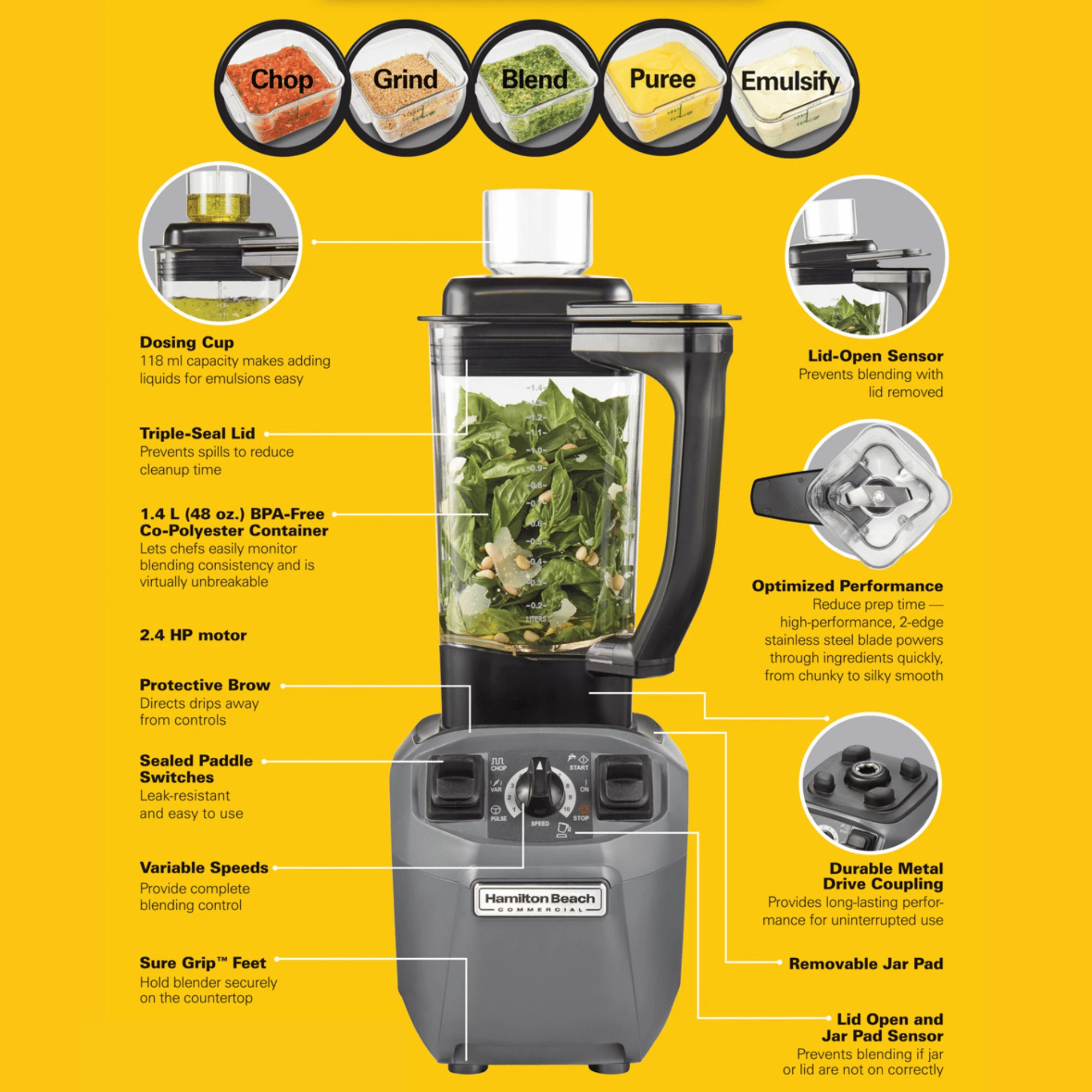 Blender kulinar, Hamilton Beach Commercial, EXPEDITOR510, 1.4 L, motor 2.4 HP, enë copoliester, tehe çelik inox