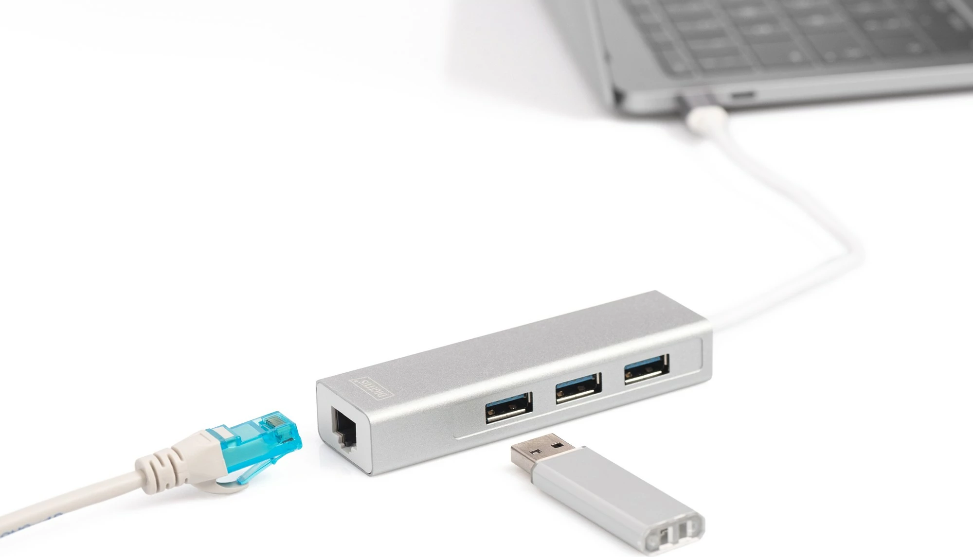Hub USB Digitus, 3 Porta, Ethernet Gigabit, Gri, Bardhë