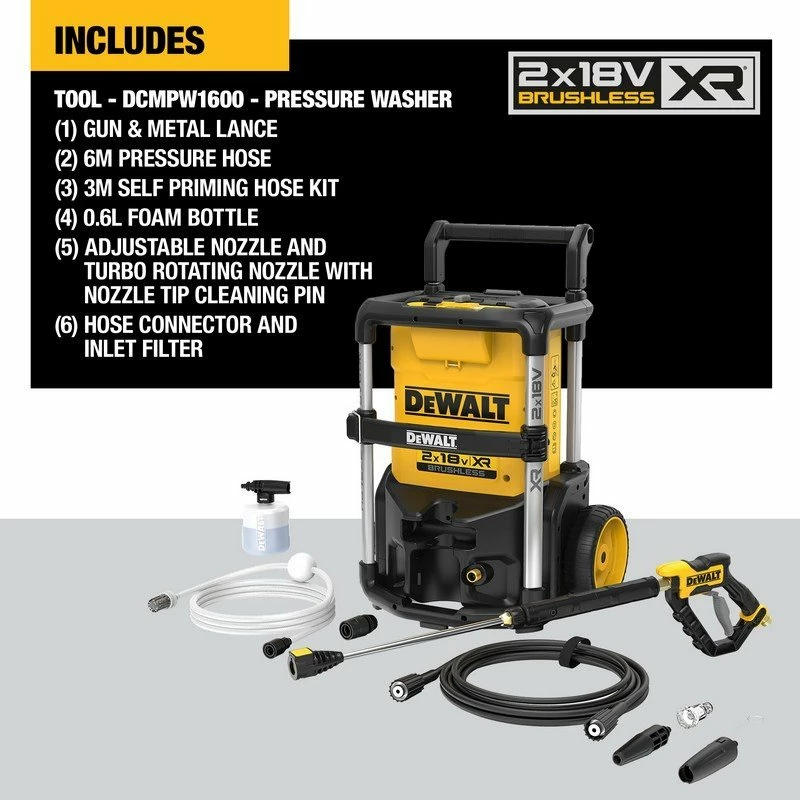 Larëse me presion pa kabllo DeWalt DCMPW1600N 2x18V XR 110 bar, verdhë/zi
