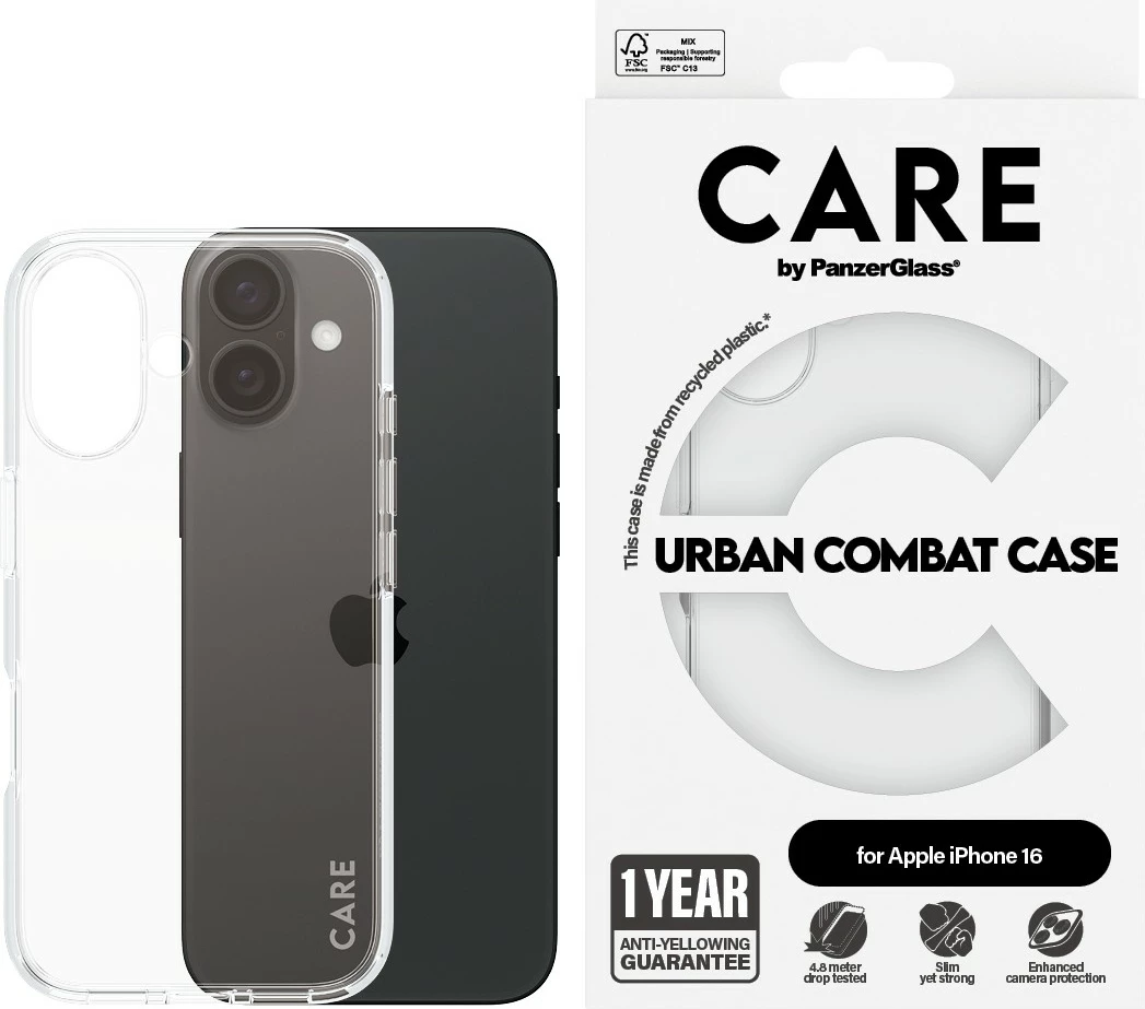Mbështjellës PanzerGlass CARE Case Flagship Clear për iPhone 16, transparent