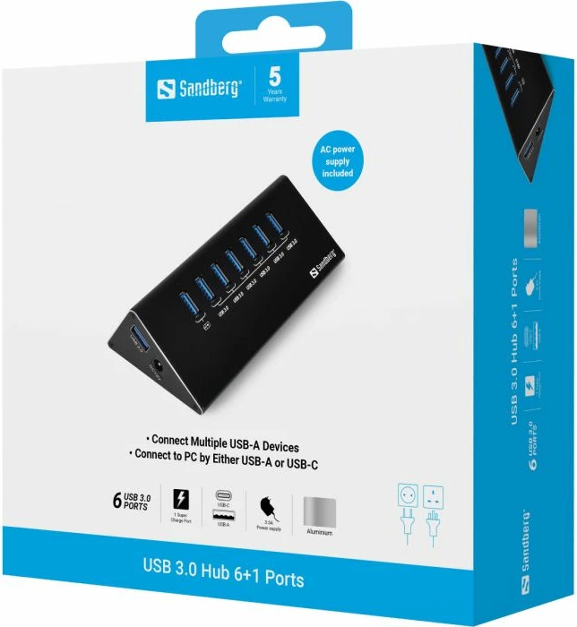 USB 3.0 hub, Sandberg 133-82, 7 porta (6+1), 2.4A charging, me adapter 12V/3A, i zi