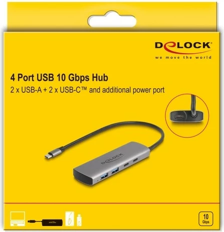 USB hub DeLOCK 2x USB-A + 2x USB-C, 10 Gbps, Type-C lidhje, gri