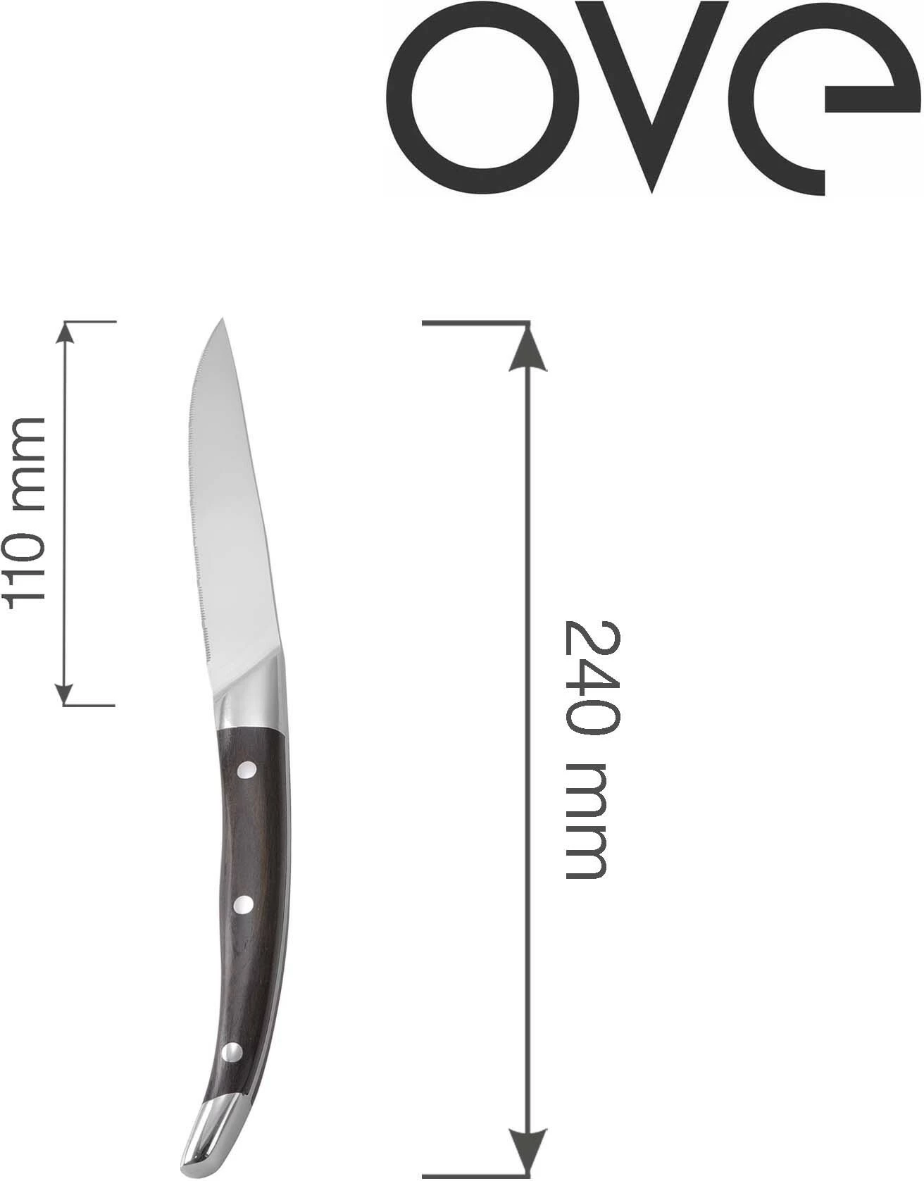 Thikë steak, OVE Corfu, teh 110 mm, çelik inoks, gjatësi totale 240 mm, dorezë Pakkawood, kafe e errët, set 6 copë me kuti dhurate