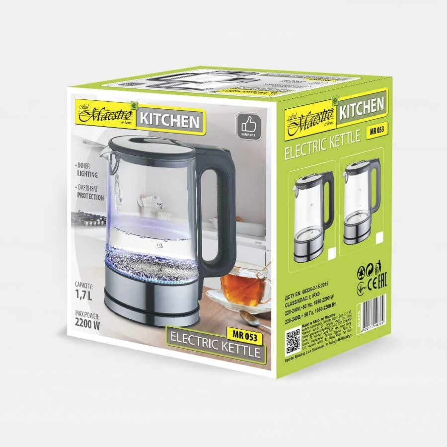 Ibrik elektrik Maestro MR-053, 1.7L, 2200W, xham, zi, transparent