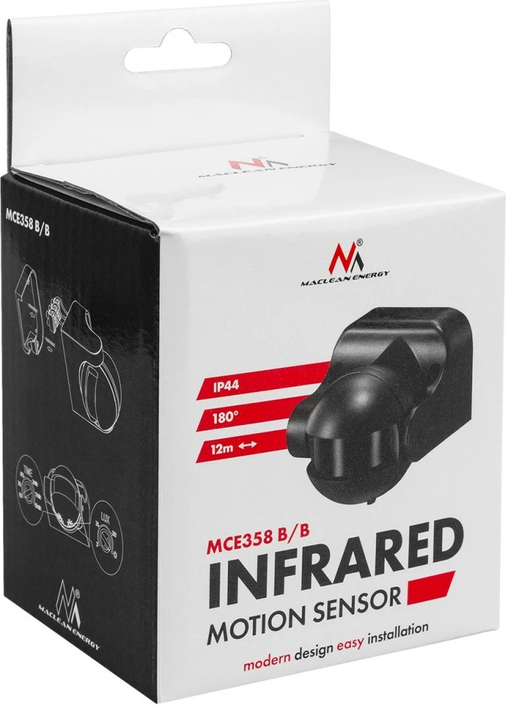 Sensor lëvizjeje PIR Maclean MCE358, IP44, rreze 12 m, ngarkesë max 300/1200 W, i zi