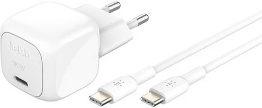 Karikues muri Belkin WCA008kq1MWH-B6, 30W USB-C PD, kabllo USB-C 1m, i bardhë
