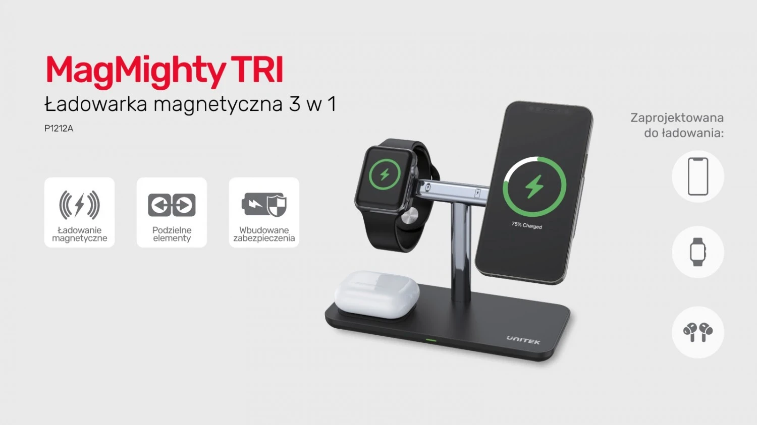 Mbështjellës magnetik 3në1 për iPhone Unitek, i zi