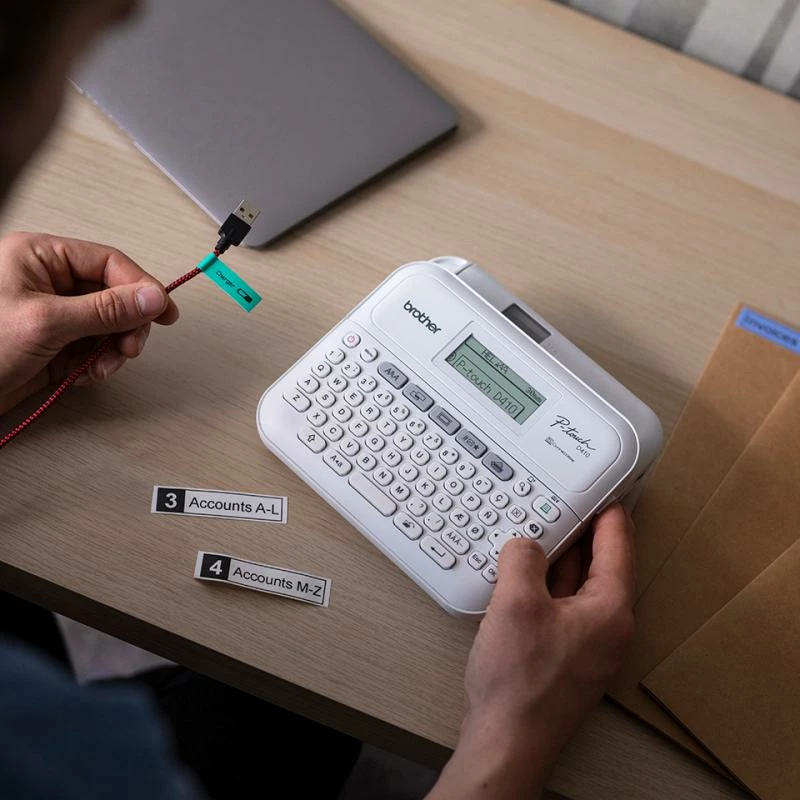 Printer etiketash Brother P‑Touch PT‑D410 PTD410RG1, 203 dpi, USB, ekran LCD grafik 16 karaktere, shirit TZe 18 mm, bardhë