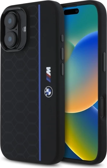 Mbështjellës BMW Silicone Hexagon Blue Line MagSafe për iPhone 16, Zi
