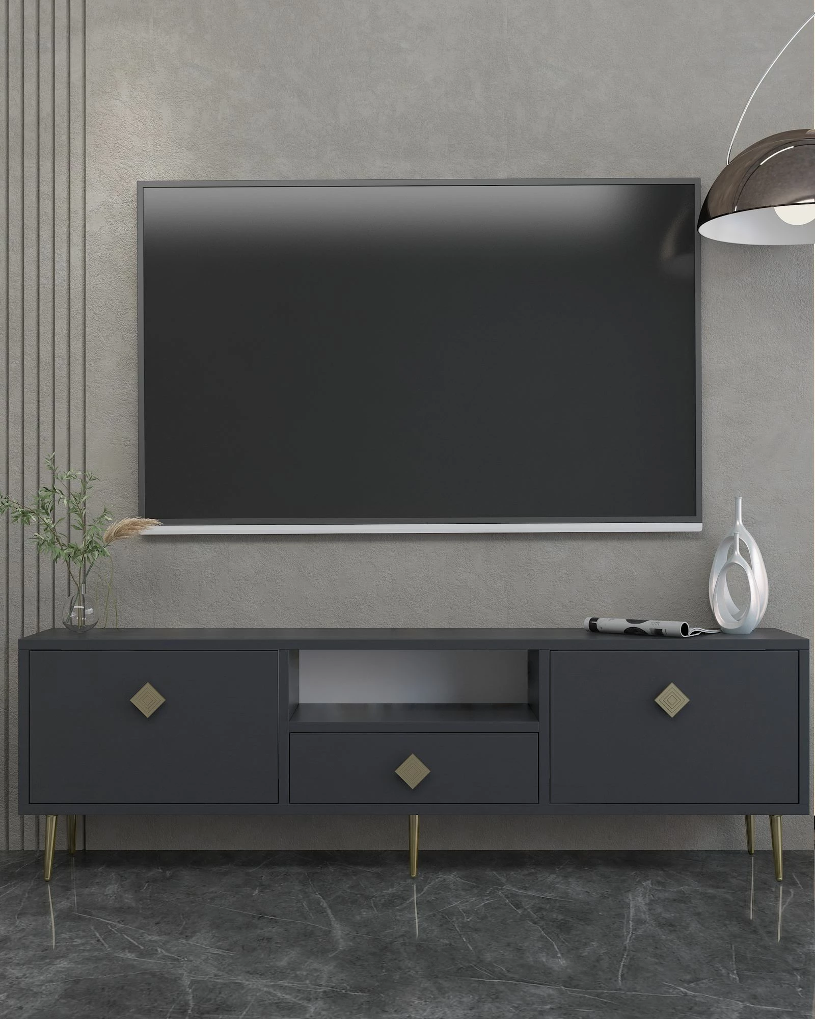 Komodë TV, ngjyrë antracit dhe ari, Skye Decor, 1308-DROP-1