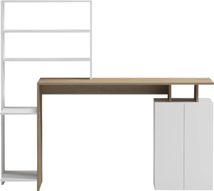 Tavolinë zyre me raft dhe dollap Meza, ngjyrë sonoma-bardhë, 146.3x55x128.8cm